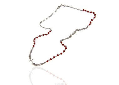NLB|Collana Rosario uomo Argento 925 Con cristallo rosso croce e madonna miracolosa 45+5 cm