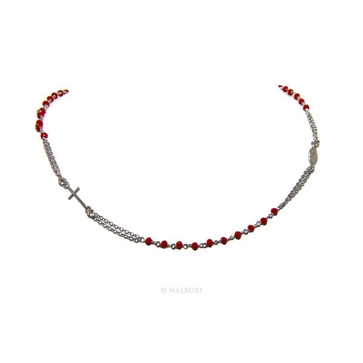 NLB|Collana Rosario uomo Argento 925 Con cristallo rosso croce e madonna miracolosa 45+5 cm