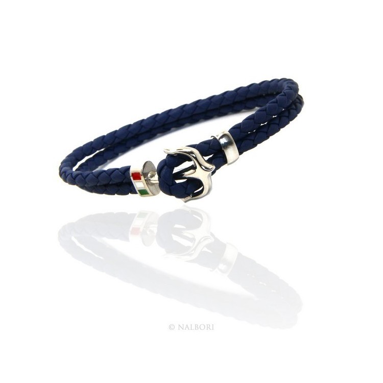 NLB|SILVER 925: massive leather bracelet man anchor made in Italy - BLUE
