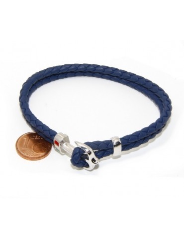 ARGENTO 925 : Bracciale uomo massiccio pelle con ancora made in Italy - BLU