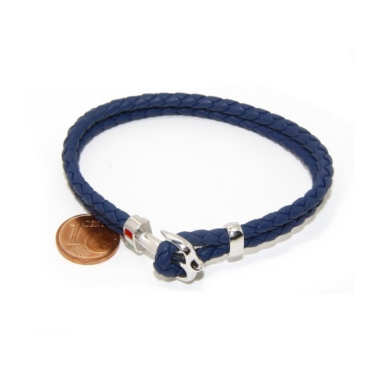 NLB|ARGENTO 925 : Bracciale uomo massiccio pelle con ancora made in Italy - BLU