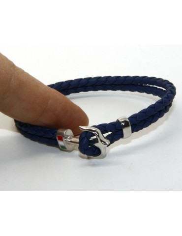 ARGENTO 925 : Bracciale uomo massiccio pelle con ancora made in Italy - BLU
