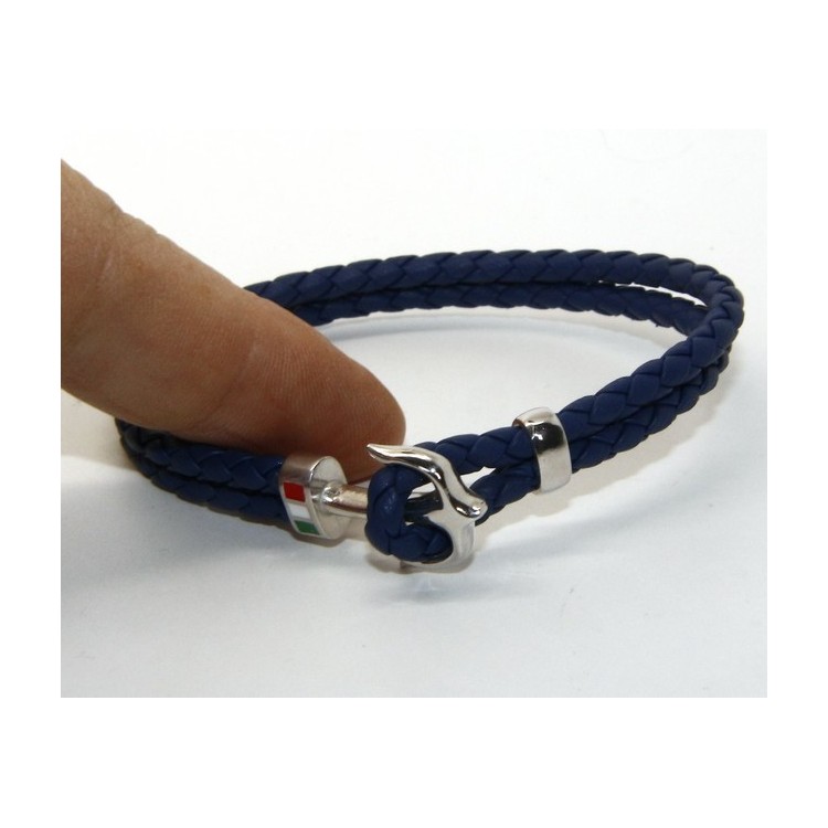 NLB|ARGENTO 925 : Bracciale uomo massiccio pelle con ancora made in Italy - BLU
