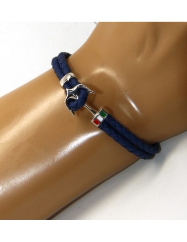 ARGENTO 925 : Bracciale uomo massiccio pelle con ancora made in Italy - BLU