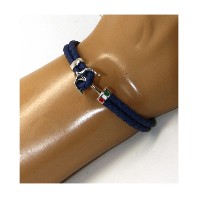 NLB|SILVER 925: massive leather bracelet man anchor made in Italy - BLUE