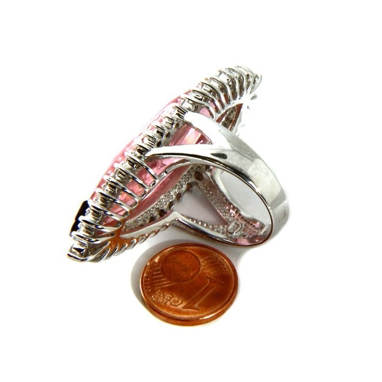 NLB|925 Sterling Silver Rhodium Plated: Large Ring Woman Shape Pink Crystal Zircon Hydrothermal and White Zirconia Size 17