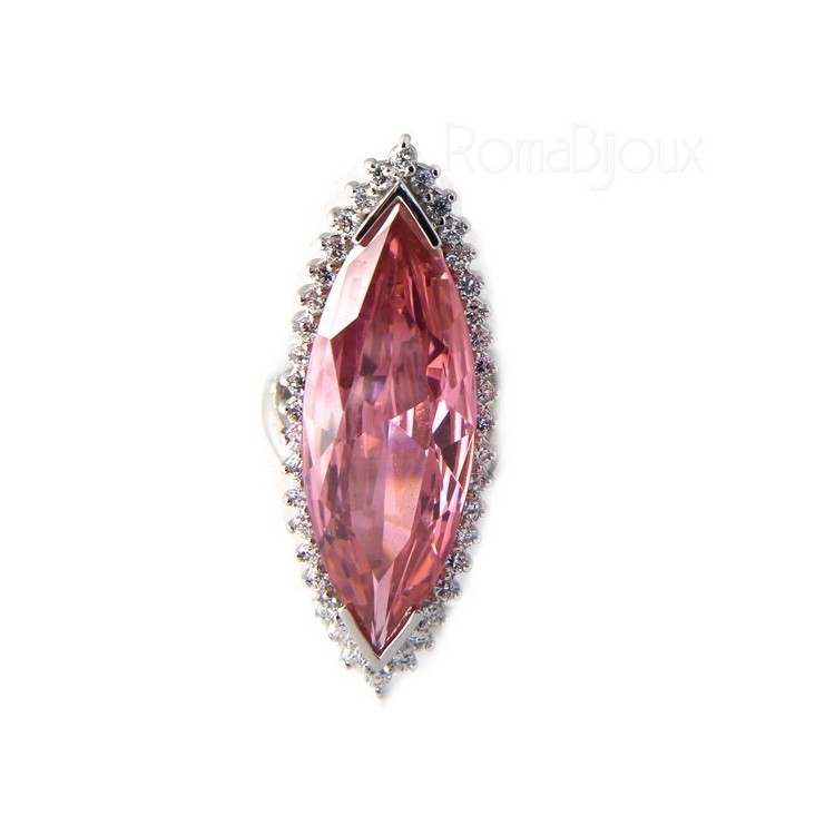NLB|Argento 925 Rodiato : Grande anello donna navetta zircone rosa cristallo Idrotermale e zirconcini bianchi misura 17