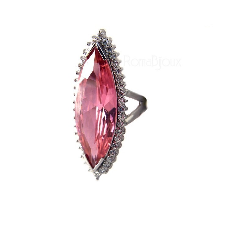 NLB|925 Sterling Silver Rhodium Plated: Large Ring Woman Shape Pink Crystal Zircon Hydrothermal and White Zirconia Size 17