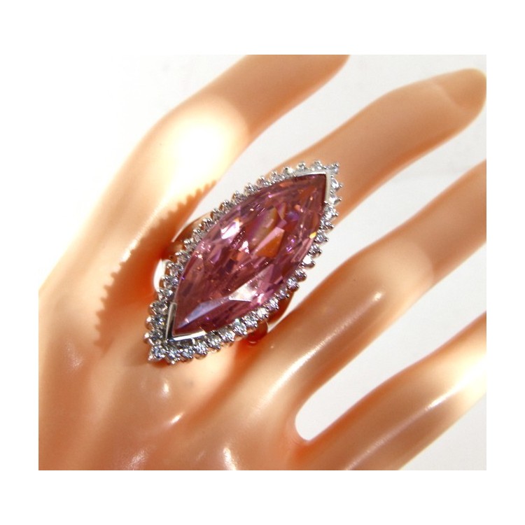 NLB|925 Sterling Silver Rhodium Plated: Large Ring Woman Shape Pink Crystal Zircon Hydrothermal and White Zirconia Size 17