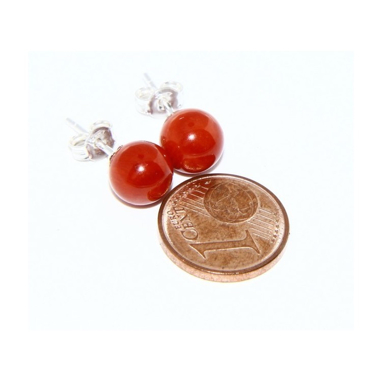 NLB|Earrings in 925 sterling silver pearl ball calibrated natural coral red 8mm