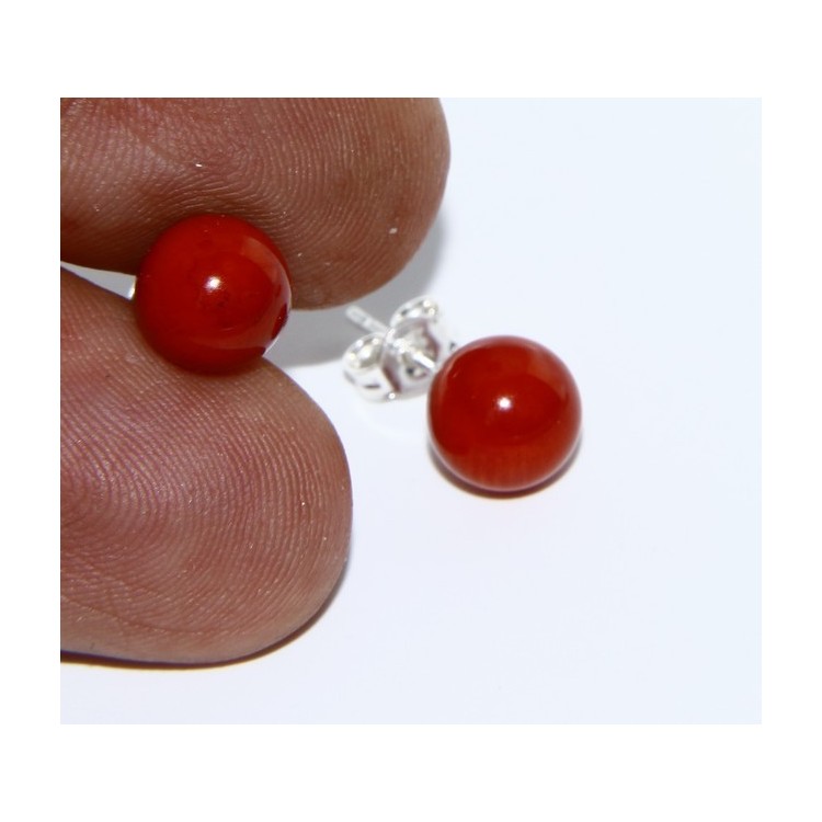 NLB|Earrings in 925 sterling silver pearl ball calibrated natural coral red 8mm