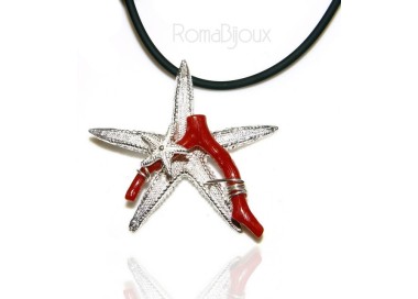 NLB|Ciondolo donna linea Capri in argento 925 con corallo naturale stella marina e laccio caucciu