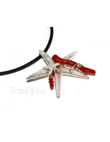 Ciondolo donna linea Capri in argento 925 con corallo naturale stella marina e laccio caucciu