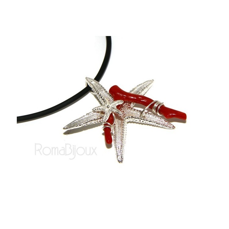 NLB|Ciondolo donna linea Capri in argento 925 con corallo naturale stella marina e laccio caucciu