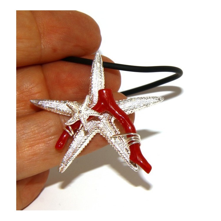 NLB|Ciondolo donna linea Capri in argento 925 con corallo naturale stella marina e laccio caucciu
