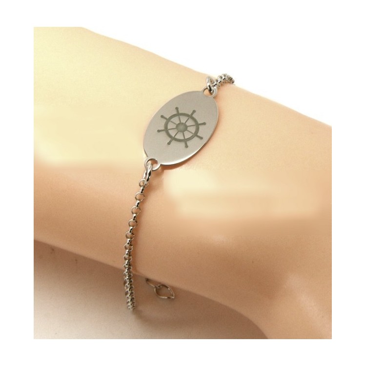 NLB|ARGENTO 925 bracciale rolo' uomo donna targa ovale incisione laser timone cm 16,00 - 18,50