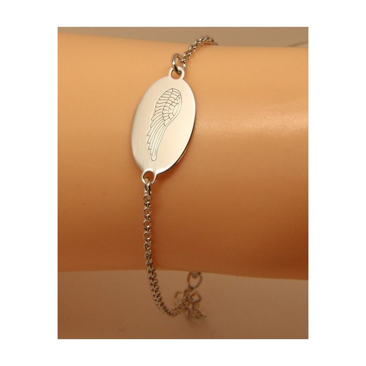 NLB|ARGENTO 925 bracciale rolo' uomo donna targa ovale incisione laser ali di angelo cm 16,00 - 18,50