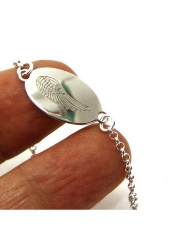 ARGENTO 925 bracciale rolo' uomo donna targa ovale incisione laser ali di angelo cm 16,00 - 18,50