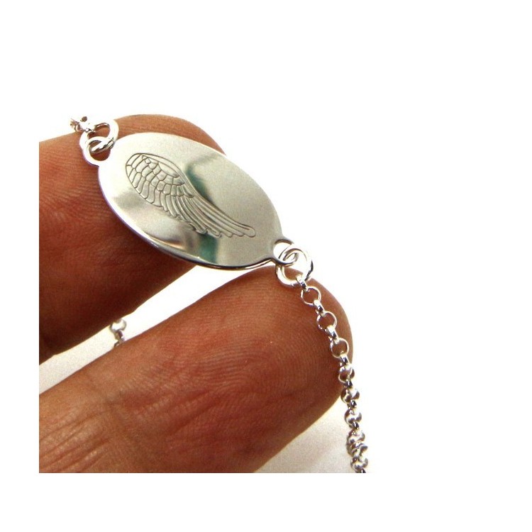 NLB|SILVER 925 cuff bracelet 'man woman oval plate laser engraving angel wings cm 16.00 - 18.50