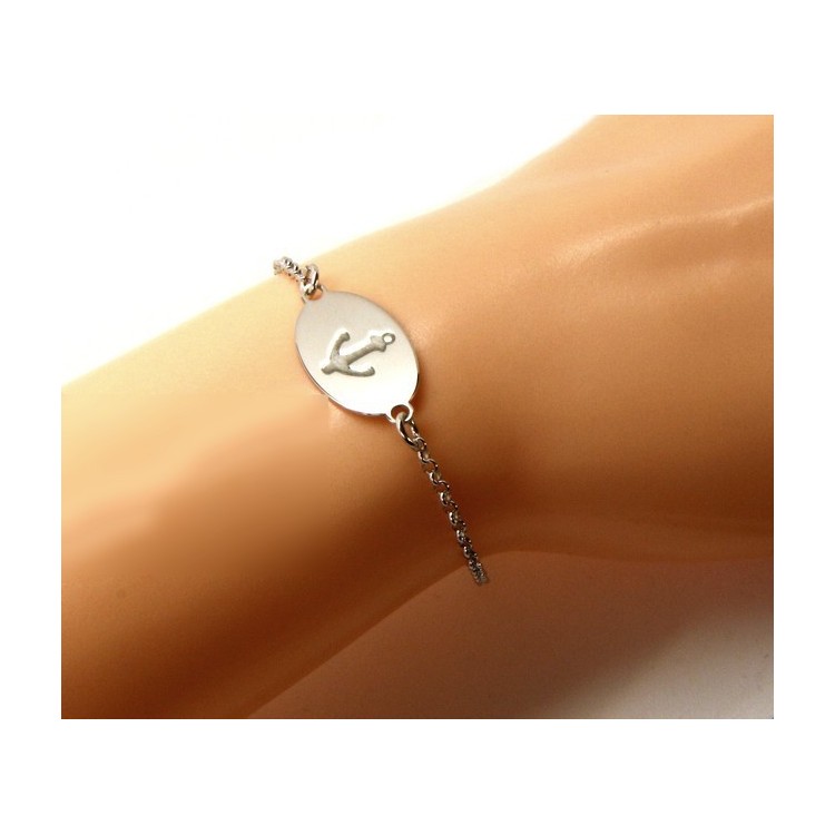 NLB|925 SILVER bracelet rolo 'man oval plaque woman anchor laser engraving cm from 16.00 to 19,00