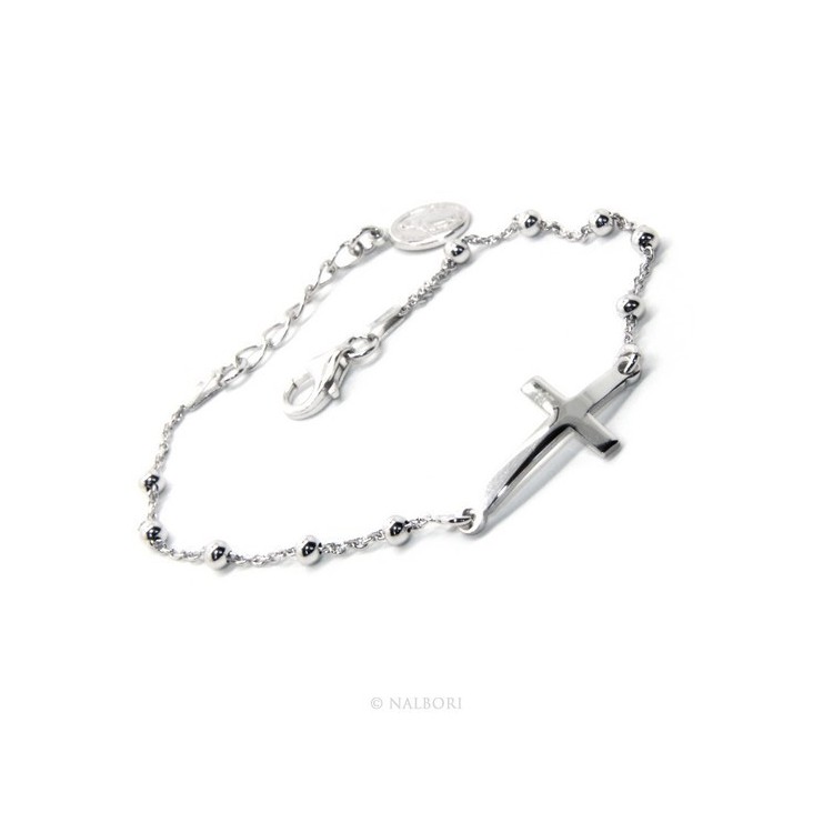 NLB|Bracciale rosario uomo donna in Argento 925 madonna miracolosa , croce convessa . Mis 16,00 - 19,00 cm