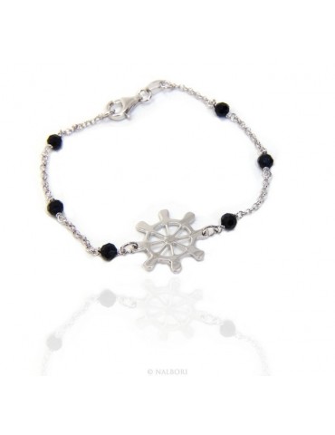 Bracciale uomo donna ragazzo Argento 925 lavorazione a rosario cristallo nero con timone centrale 17,50