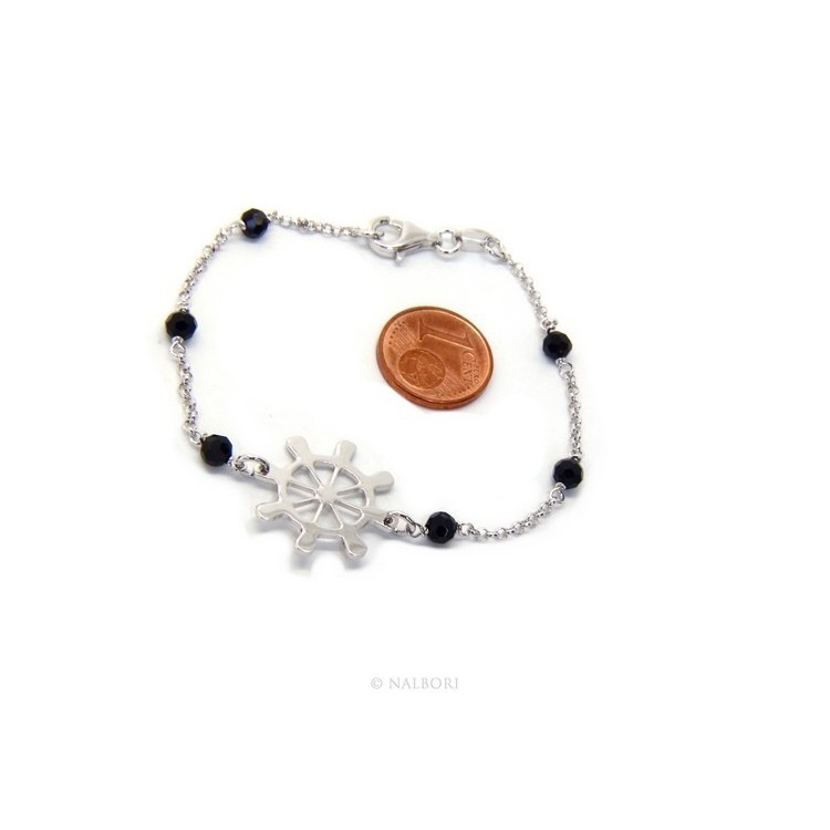 NLB|Bracciale uomo donna ragazzo Argento 925 lavorazione a rosario cristallo nero con timone centrale 17,50