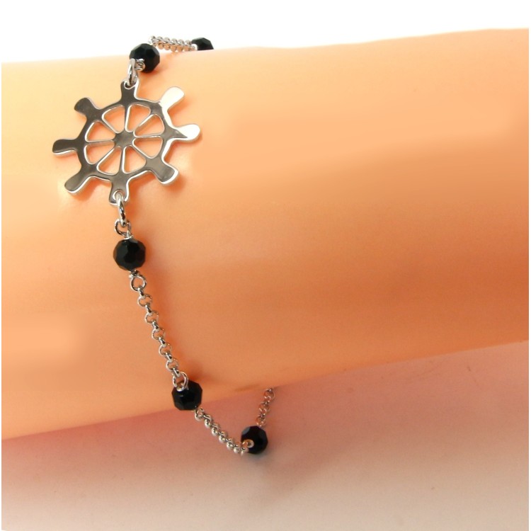 NLB|Bracciale uomo donna ragazzo Argento 925 lavorazione a rosario cristallo nero con timone centrale 17,50