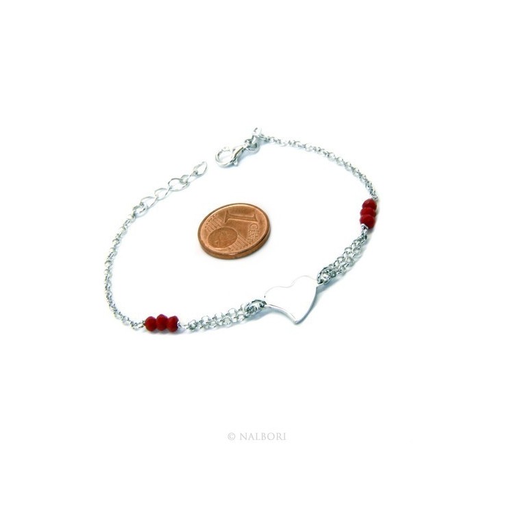 NLB|Bracciale donna ragazza uomo ragazzo Argento 925 lavorazione a rosario cristallo rosso con cuore centrale 15,50 - 18,00