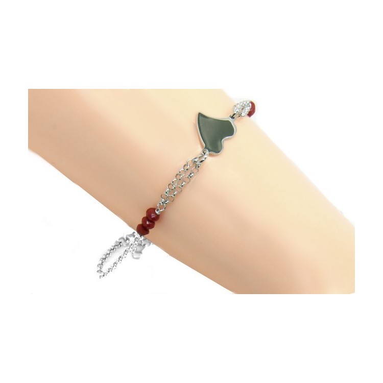 NLB|Bracciale donna ragazza uomo ragazzo Argento 925 lavorazione a rosario cristallo rosso con cuore centrale 15,50 - 18,00