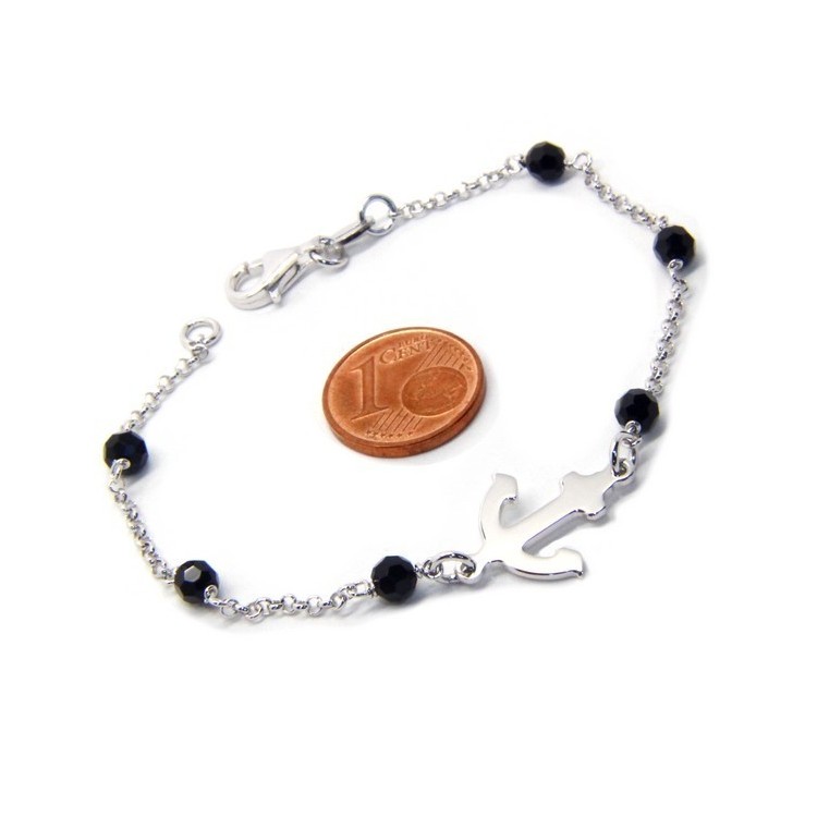 NLB|Bracciale uomo donna ragazzo Argento 925 lavorazione a rosario cristallo nero con ancora centrale 17,50 cm