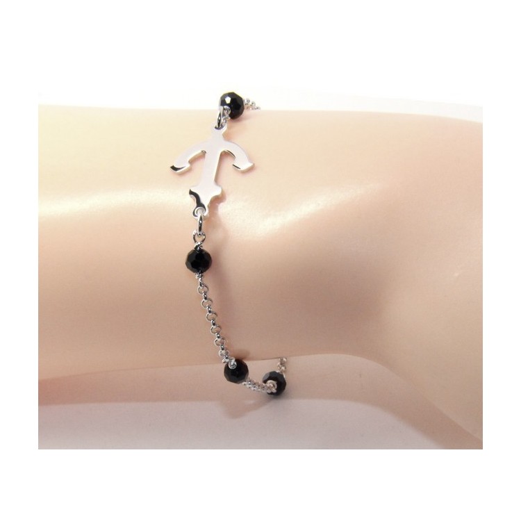 NLB|Bracciale uomo donna ragazzo Argento 925 lavorazione a rosario cristallo nero con ancora centrale 17,50 cm