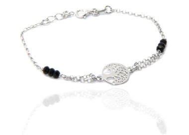 NLB|Bracciale uomo donna ragazzo Argento 925 lavorazione a rosario cristallo nero con Albero della Vita centrale 15,50-18,50