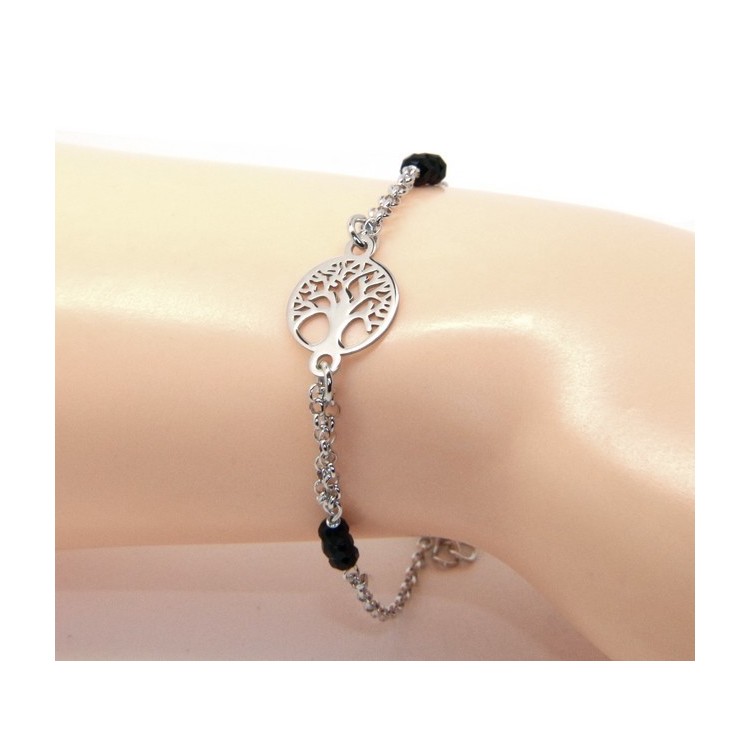NLB|Bracciale uomo donna ragazzo Argento 925 lavorazione a rosario cristallo nero con Albero della Vita centrale 15,50-18,50