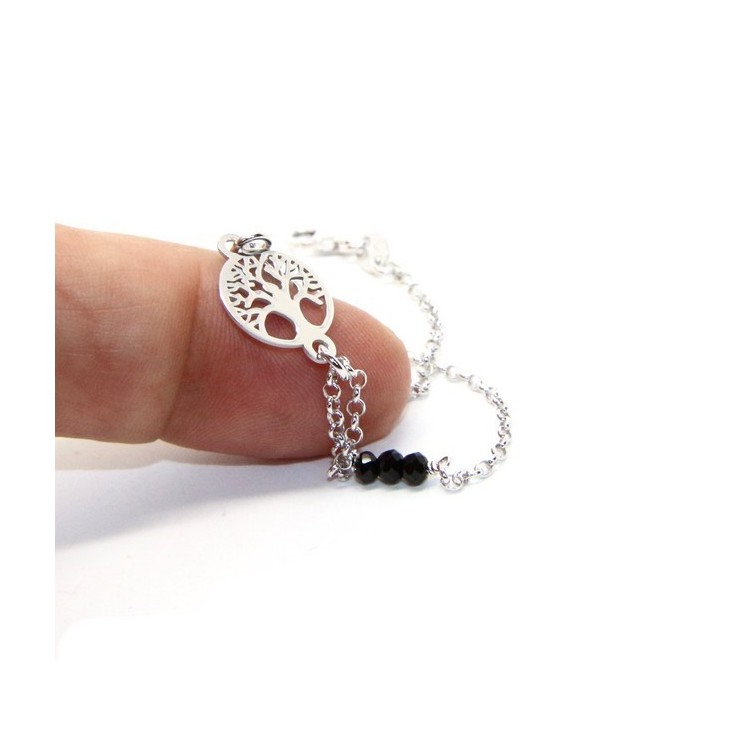 NLB|Bracciale uomo donna ragazzo Argento 925 lavorazione a rosario cristallo nero con Albero della Vita centrale 15,50-18,50