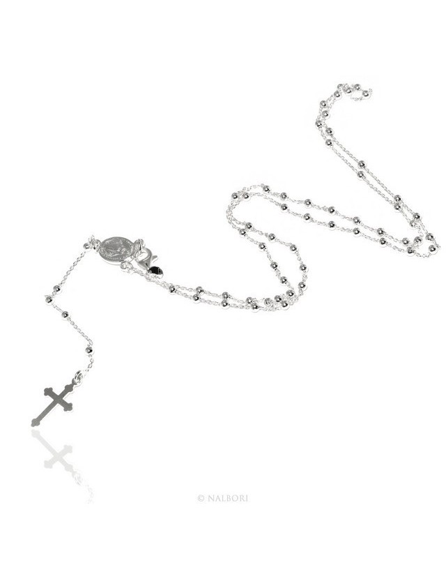 Man or Woman Rosary Necklace in 925 Sterling Silver Balls 2.5mm Miraculous Madonna Cross