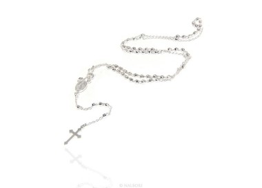 NLB|Man or Woman Rosary Necklace in 925 Sterling Silver Diamond Balls 3mm Cross Miraculous Madonna