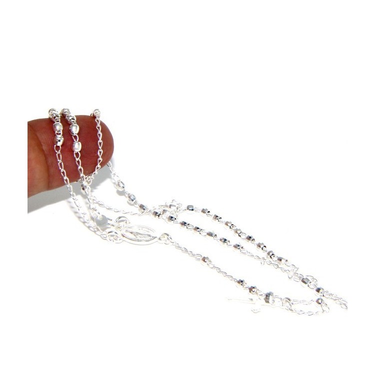 NLB|Man or Woman Rosary Necklace in 925 Sterling Silver Diamond Balls 3mm Cross Miraculous Madonna