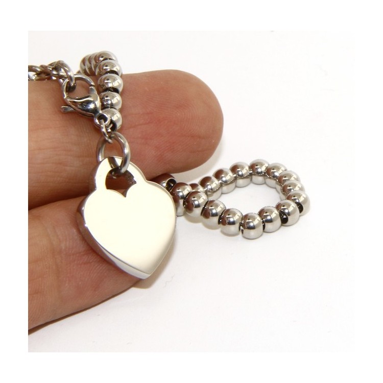 NLB|Acciaio donna anallergico cromato bracciale palline con cuore liscio 15,00 17,00 cm