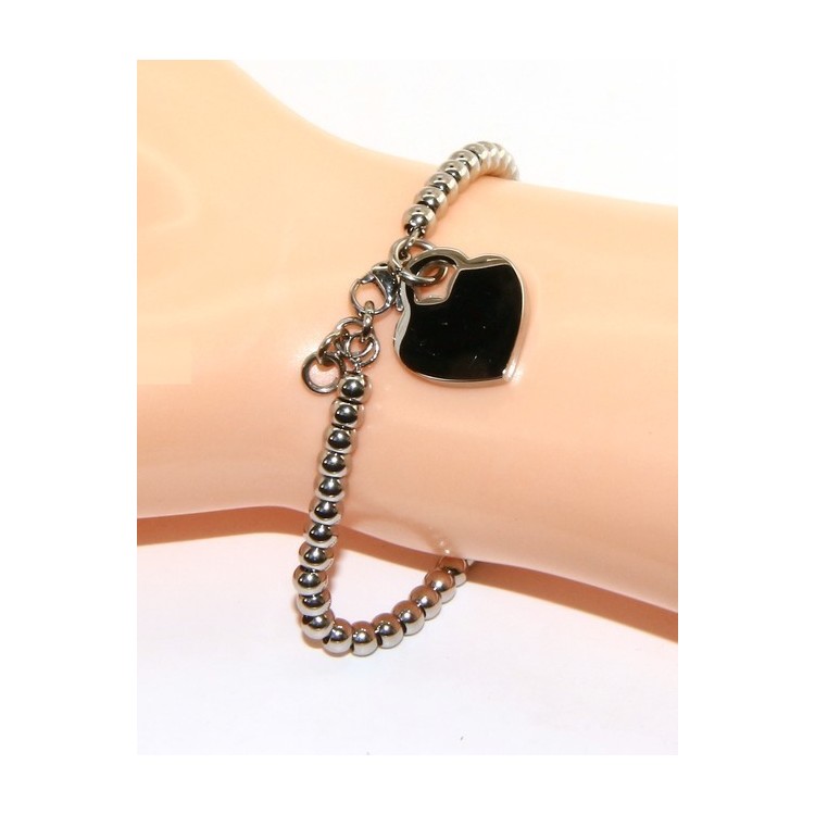 NLB|Acciaio donna anallergico cromato bracciale palline con cuore liscio 15,00 17,00 cm