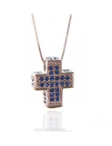 Silver 925: Necklace Collier man Venetian woman 45 cm and 3D cross with blue zircons pavé