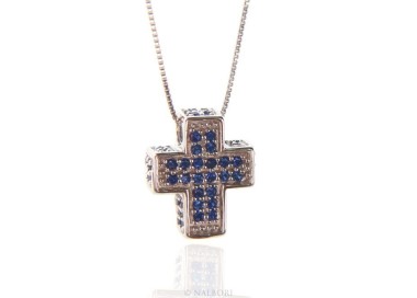 NLB|Argento 925 : Collana Collier uomo donna veneziana 45 cm e croce 3D a pavè di zirconi BLU