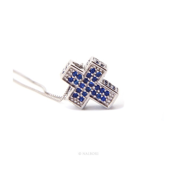 NLB|Argento 925 : Collana Collier uomo donna veneziana 45 cm e croce 3D a pavè di zirconi BLU