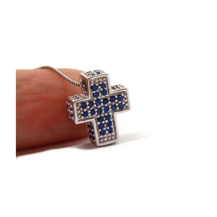 NLB|Argento 925 : Collana Collier uomo donna veneziana 45 cm e croce 3D a pavè di zirconi BLU