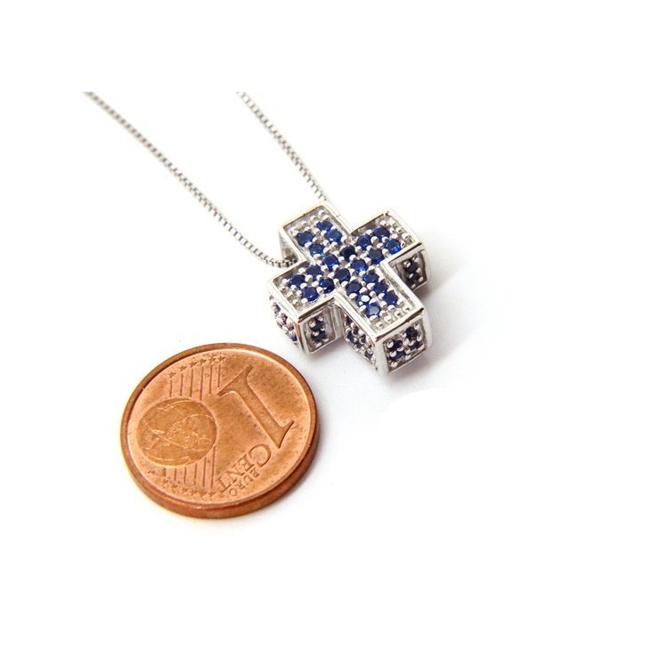 NLB|Silver 925: Necklace Collier man Venetian woman 45 cm and 3D cross with blue zircons pavé