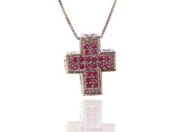 NLB|Argento 925 : Collana Collier uomo donna veneziana 45 cm e croce 3D a pavè di zirconi ROSSO rubino