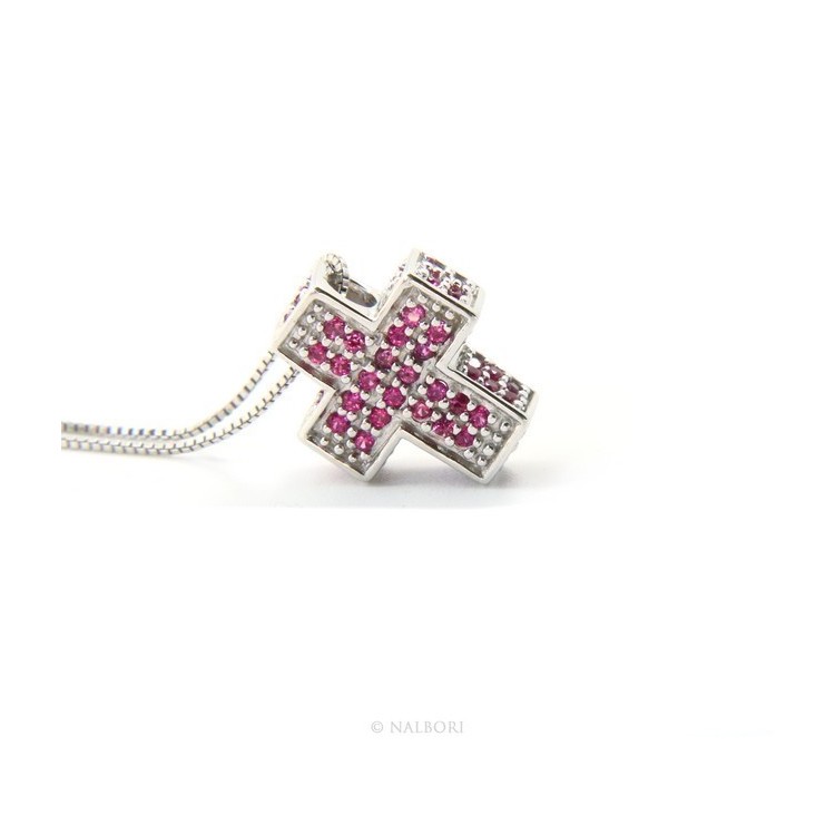 NLB|Silver 925: Venetian woman 45 cm Necklace and Crocodile Cross 3D Ruby RED Zircon