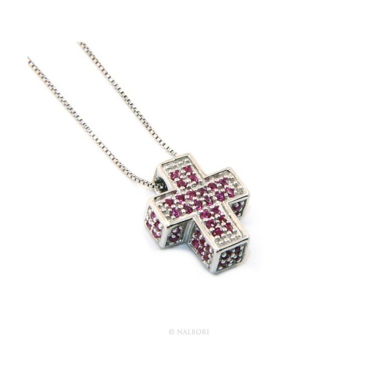 NLB|Silver 925: Venetian woman 45 cm Necklace and Crocodile Cross 3D Ruby RED Zircon