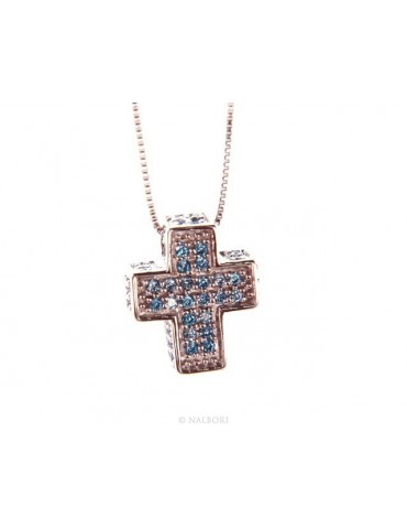 Silver 925: Venetian woman 45 cm Necklace and Crocodile Cross 3D Light blue acquamarine Zircon