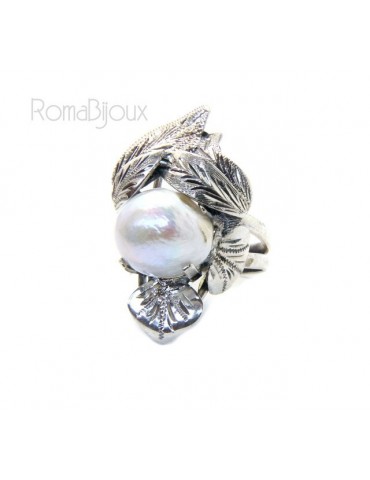 Argento 925 : Anello donna realizzato a mano con foglie e perla barocca misura 16